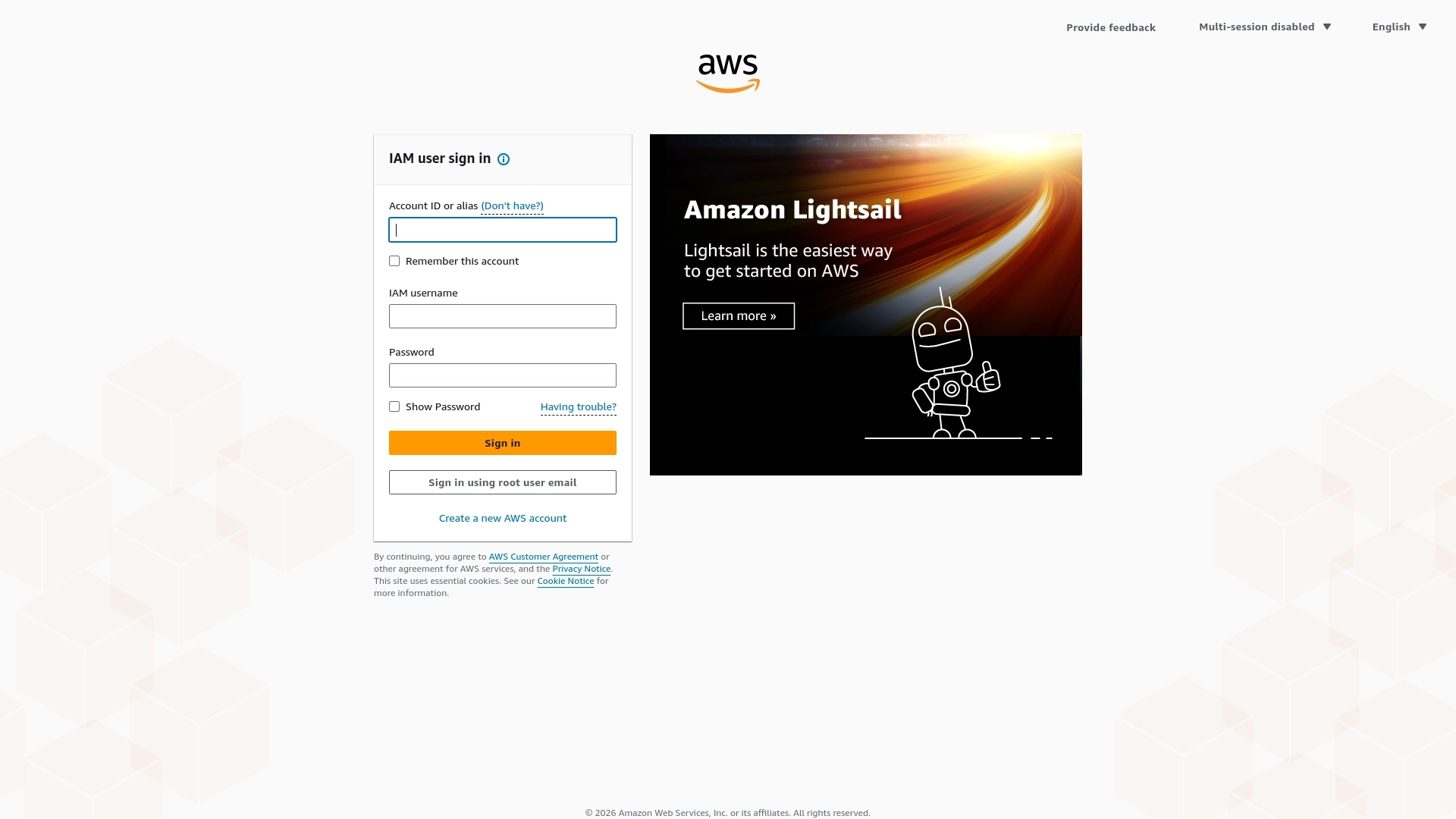 AWS Console website screenshot