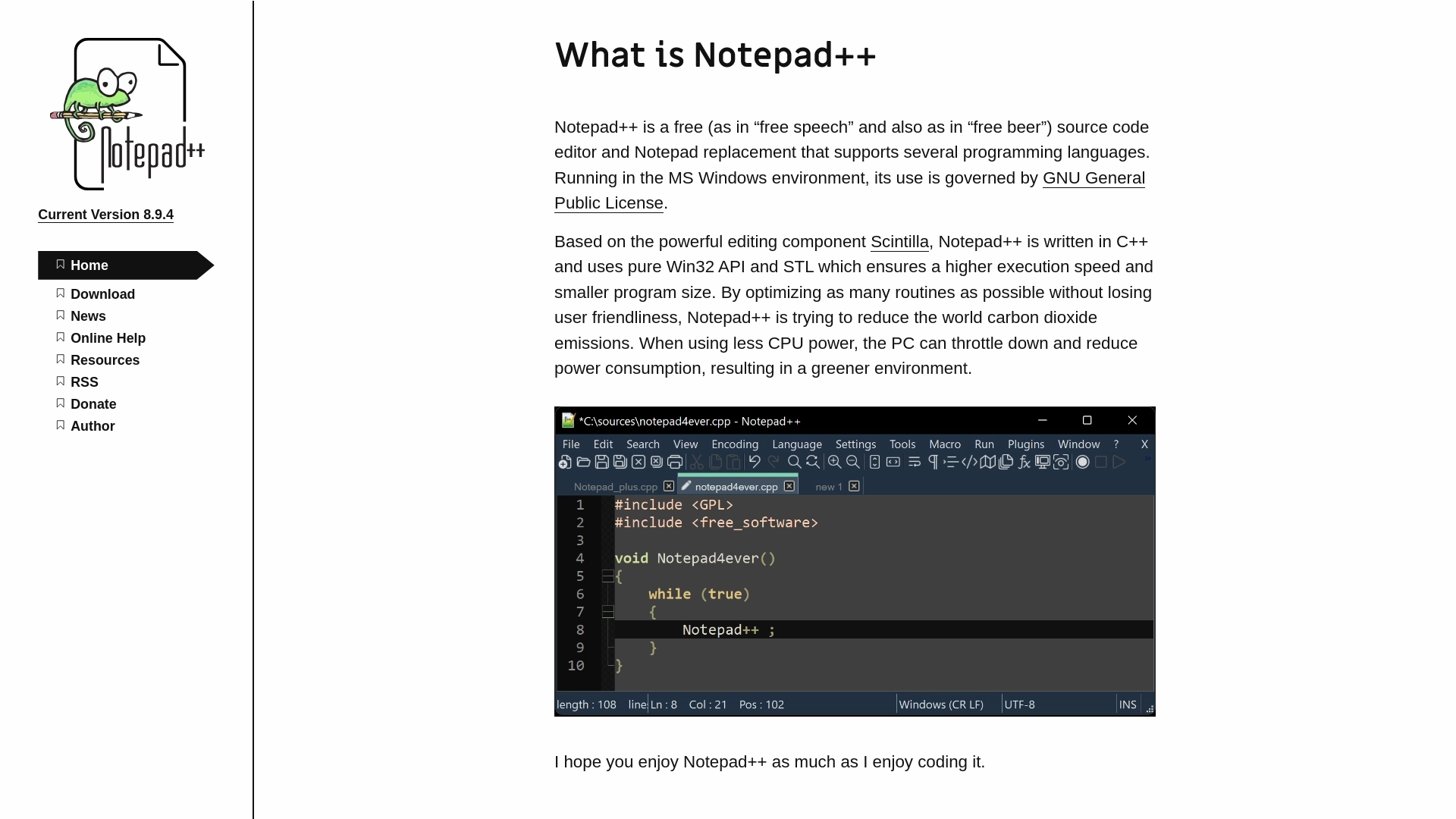 Notepad++ website screenshot