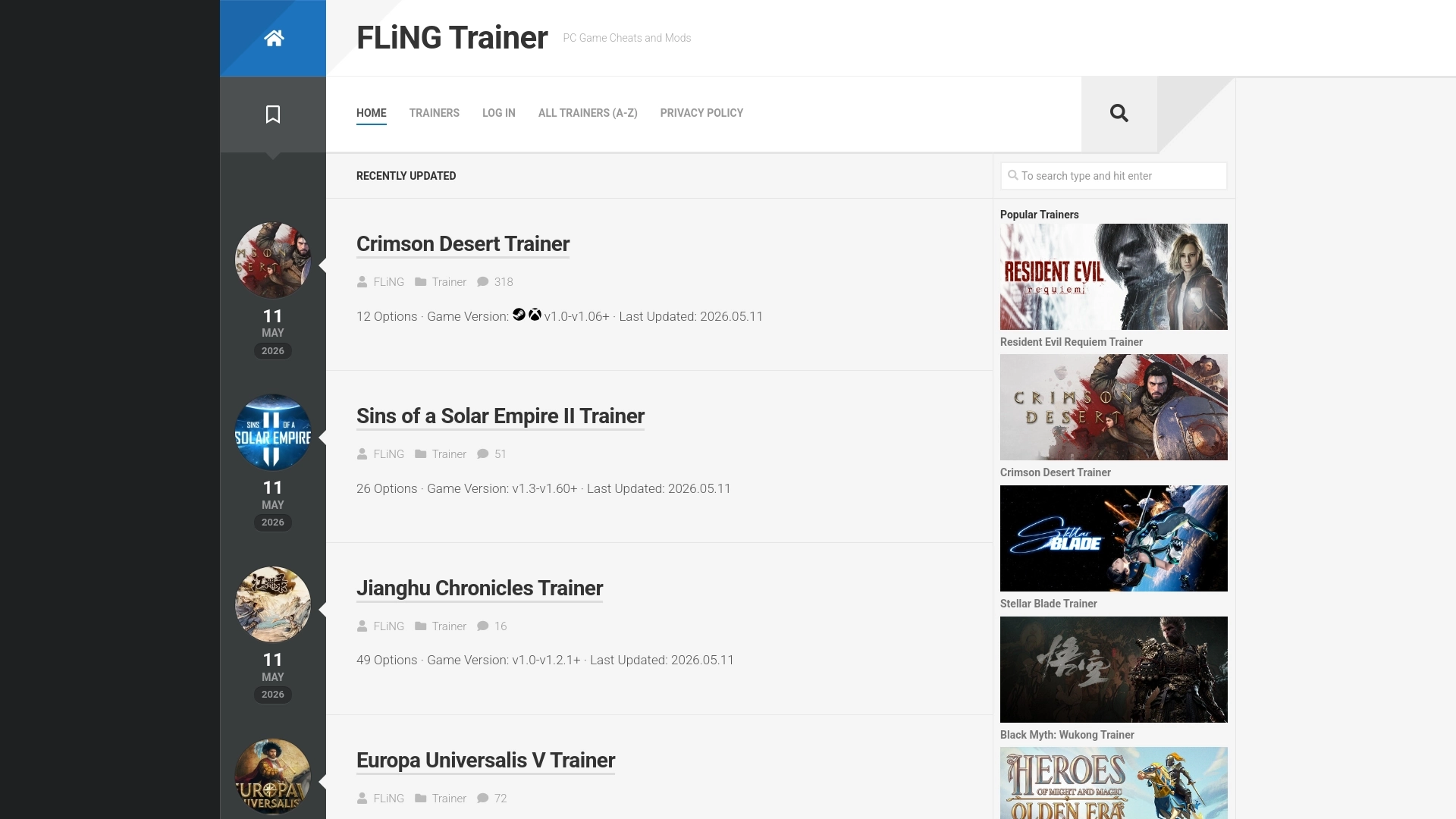 FLiNG Trainer website screenshot