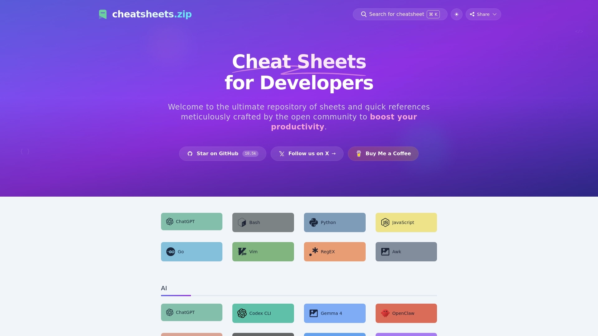 Cheatsheets.zip website screenshot