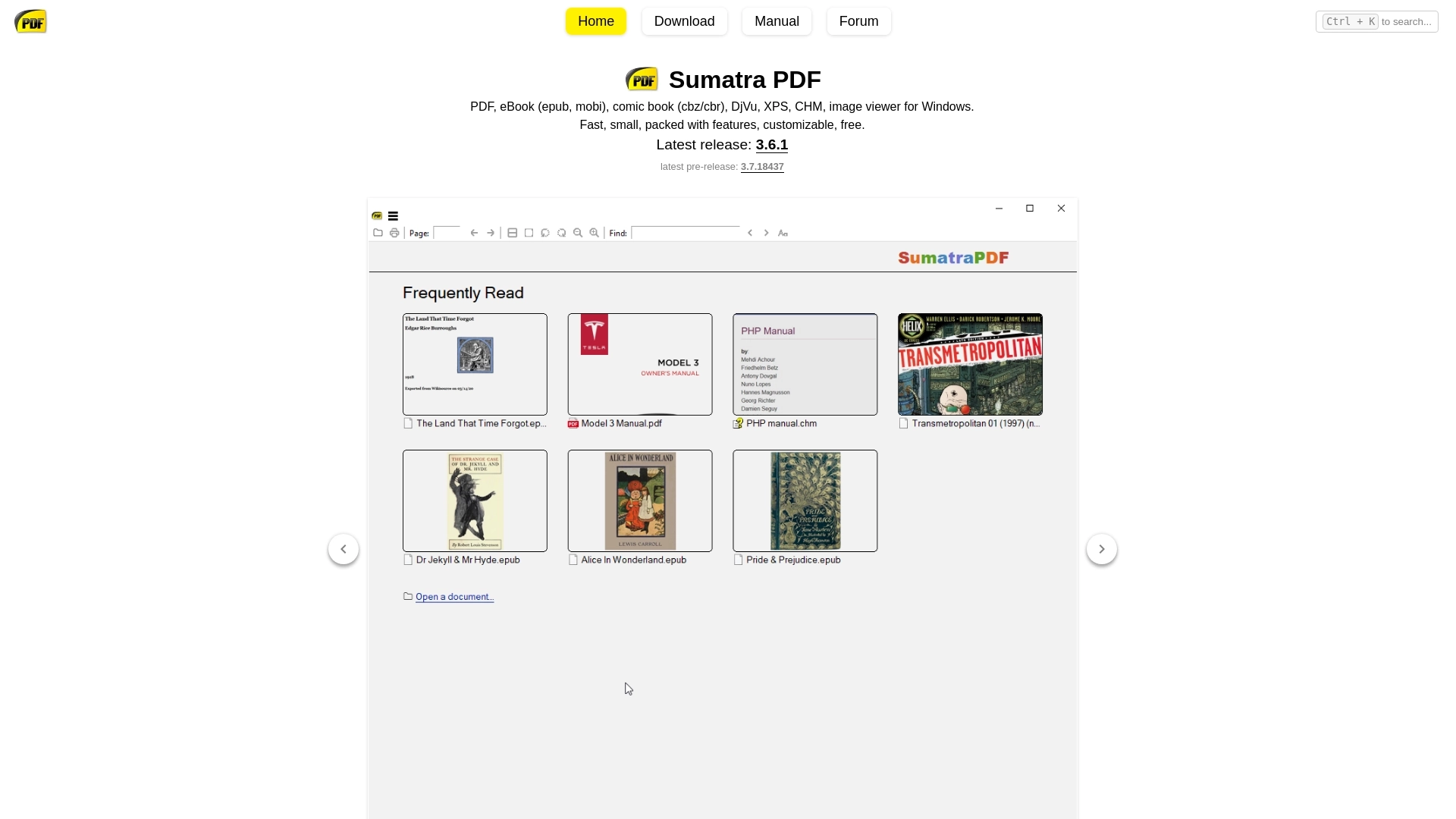 SumatraPDF website screenshot